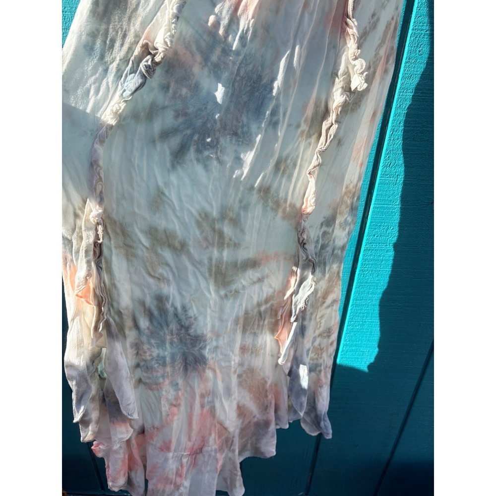 Romantic Boho Me Tie Dye Ruffle Midi Dress Blue Peach Smocked Tie Front High Low - Picture 5 of 7